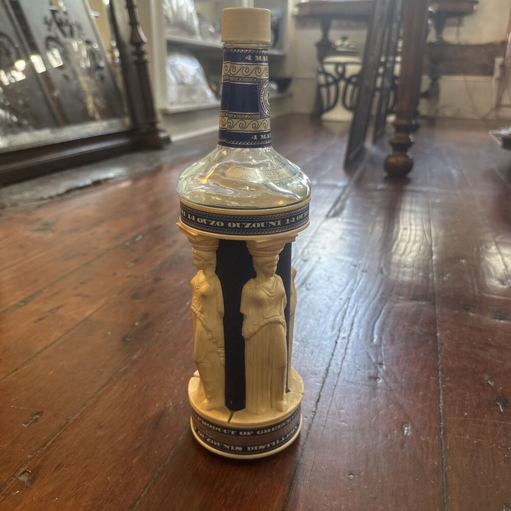 Greek Ouzouni Bottle Ouzounis Maidens Plastic Pillars & Greek Goddess Empty